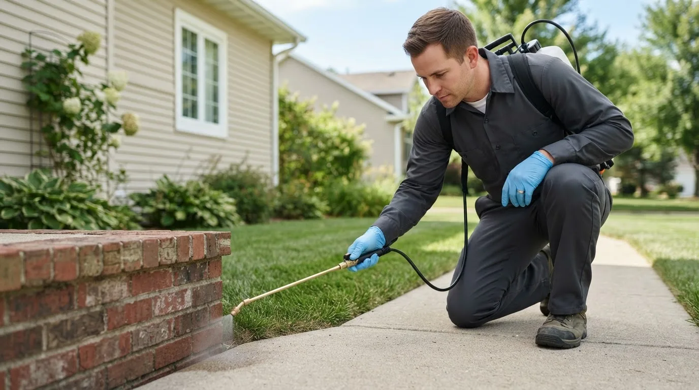 Pest control technician treating a home near Medfield, MA